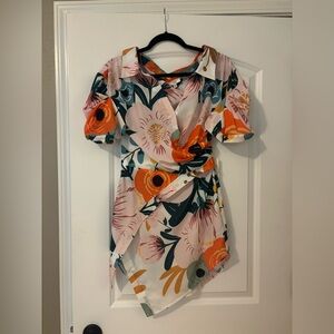 NWT Rosevelvet Asymmetrical Button Blouse Wrap Floral Dress - Pink and Orange